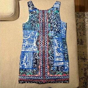 Lilly Pulitzer Blue Patch Print Shift Dress Pink Zip Size 14